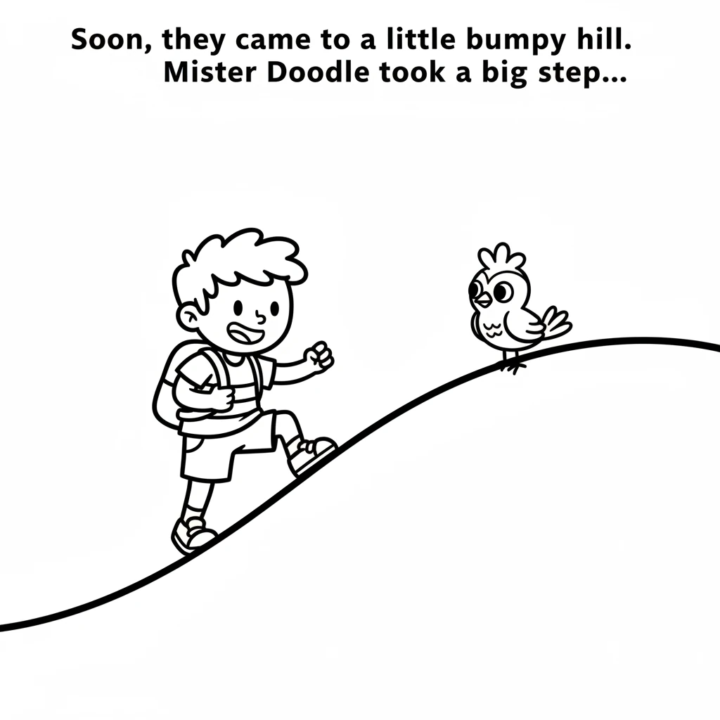 Soon, they came to a little bumpy hill. It looked like a gentle curve on the page, easy enough to climb. Mister Doodle took a big step, and the bird f