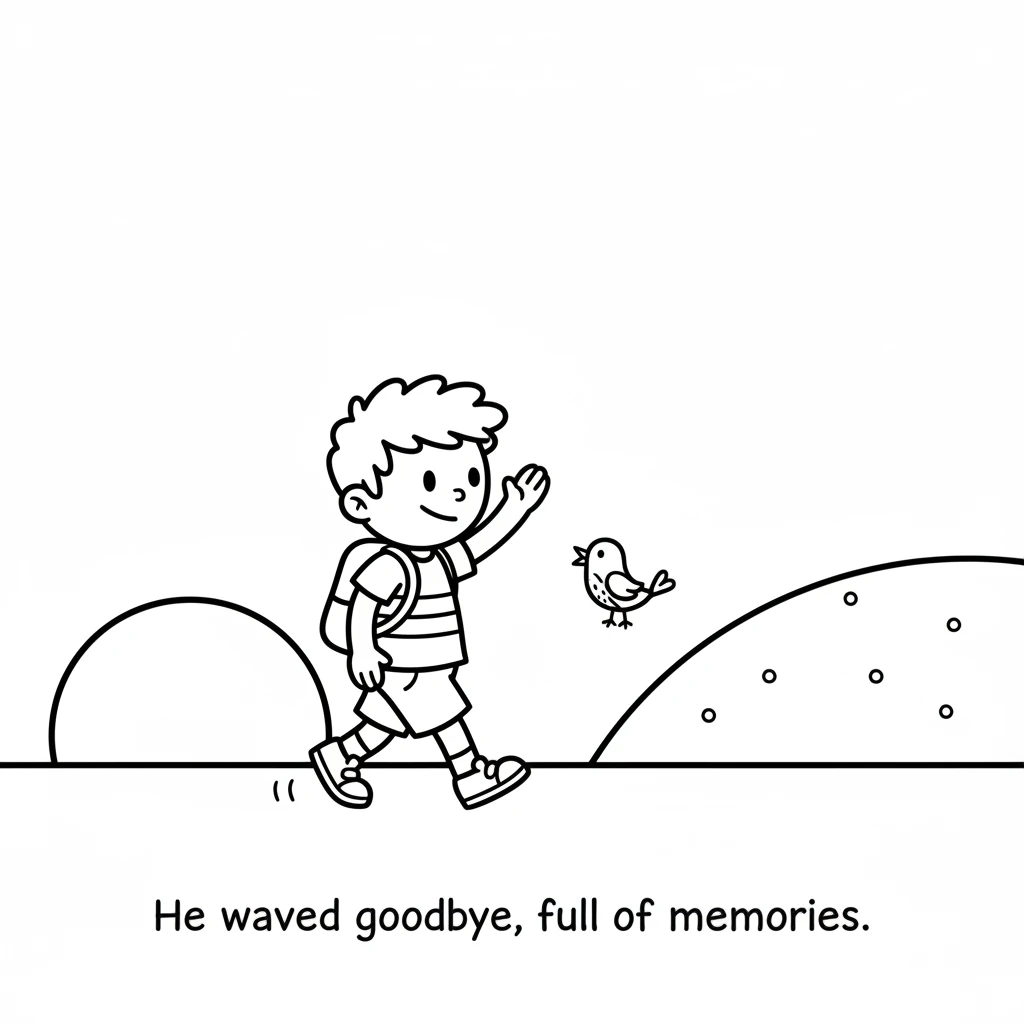 As the sun began to dip, casting long, simple shadows, Mister Doodle knew it was time to go home. He waved goodbye to the berries and the hill, feelin