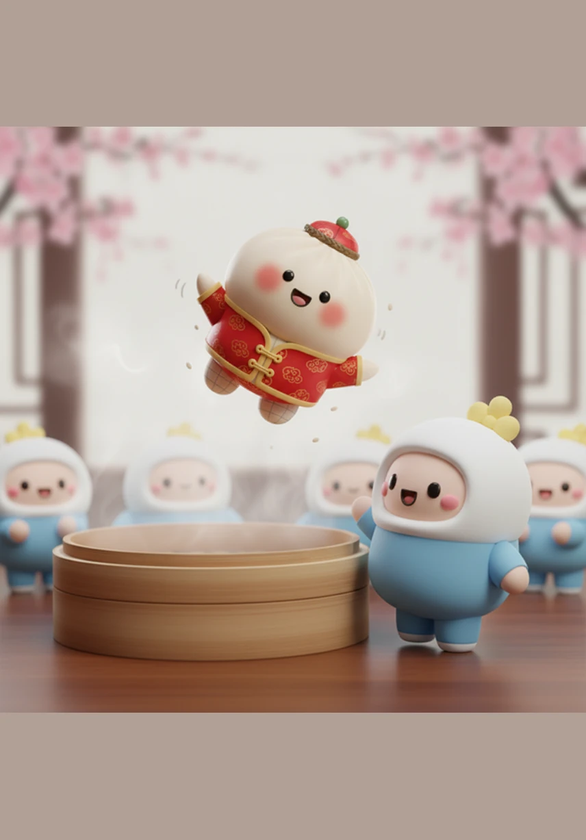 圆圆胖胖的小团子开心地蹦跳出来，在大大的挥手和宝宝们打招呼。背景是一个非常简洁的浅灰色洗手台，画面清爽又温馨。