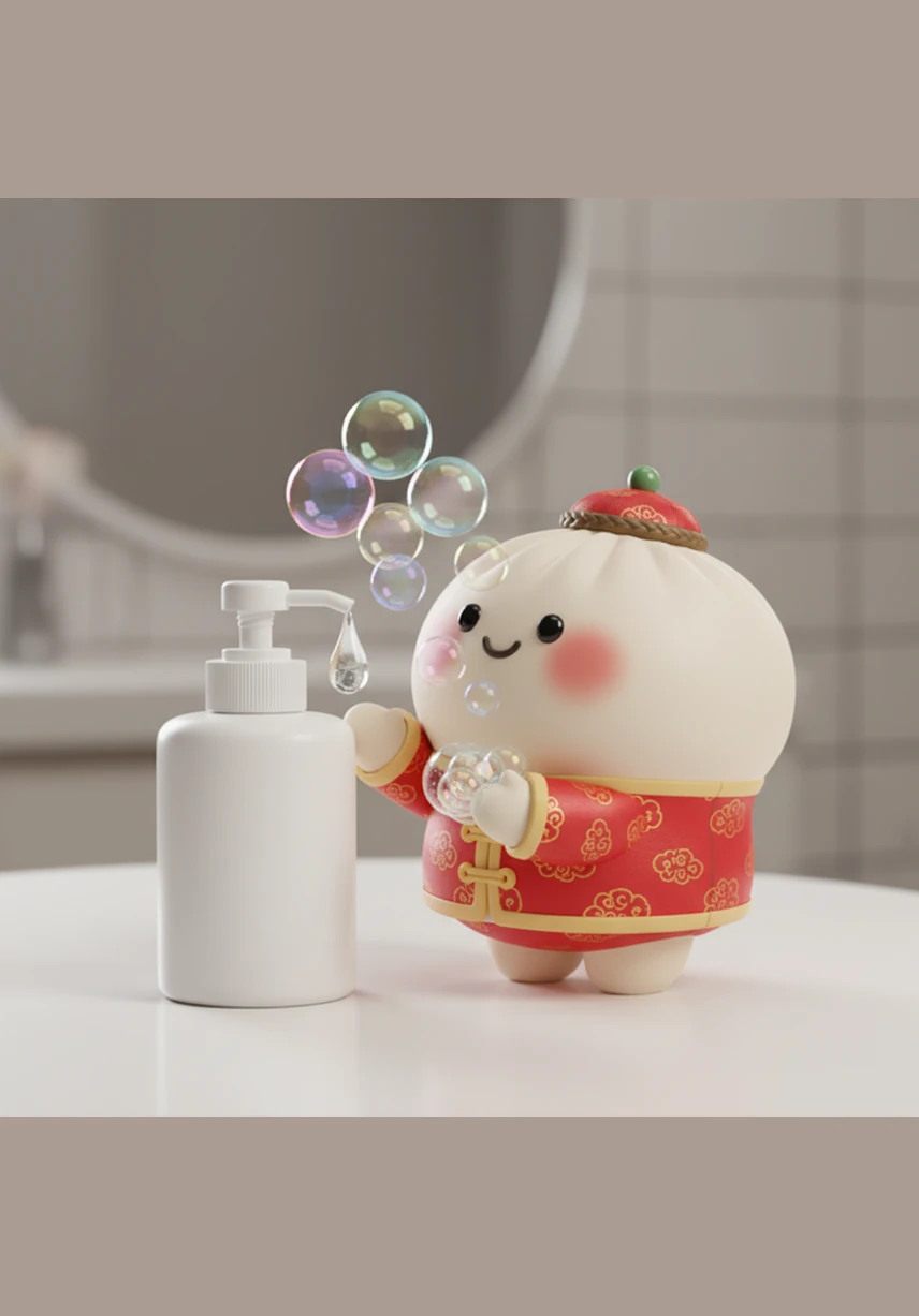 小团子按下洗手液瓶子，手心里多了一点亮晶晶的洗手液。它开始轻轻揉搓，五彩斑斓的小泡泡开始在指尖跳舞。