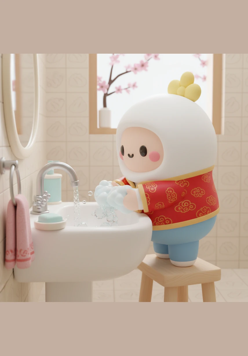 小团子认真地搓着手心和手背，每一个角落都不放过。那些看不见的小细菌都被泡泡带走了，画面充满了律动感和趣味性。