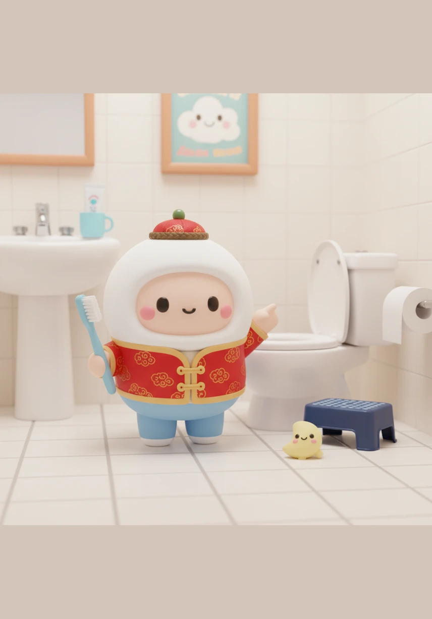 哗啦啦，清水把所有的泡泡都冲洗干净了。小团子举起一双亮晶晶、干干净净的小手，脸上洋溢着自豪的笑容。