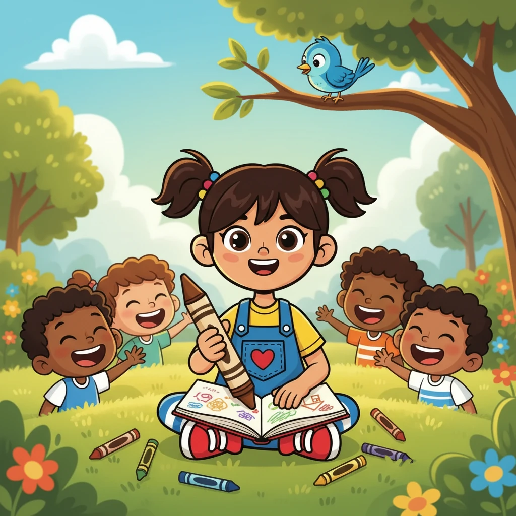 Sofía, una niña alegre de pelo castaño y ojos brillantes, está sentada en un parque soleado. Rodeada de amigos y risas, dibuja con crayones en su cuaderno. Un pajarito curioso la observa desde una rama.