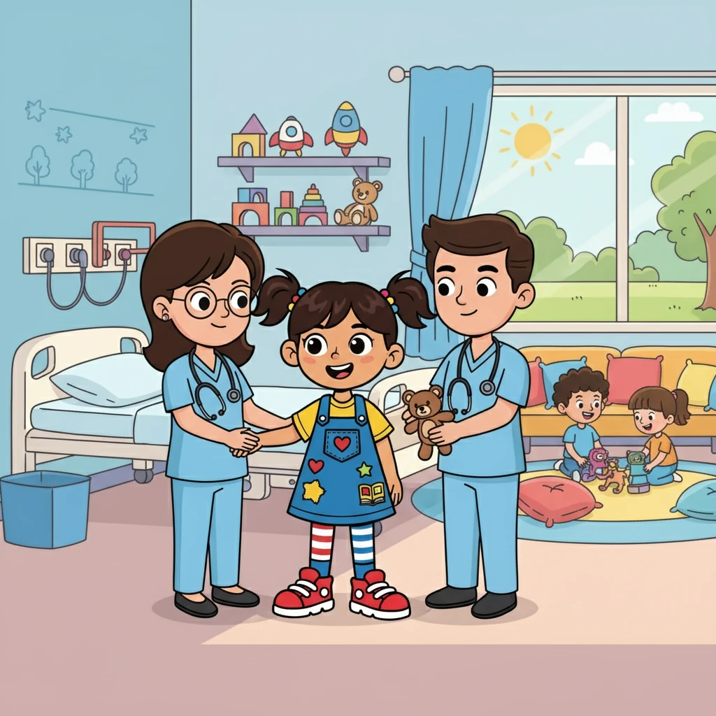 Libertad muestra a Sofía el derecho a la salud. Un dibujo colorido representa a Sofía recibiendo atención médica en un hospital amigable, con doctores sonrientes y juguetes en la sala de espera.