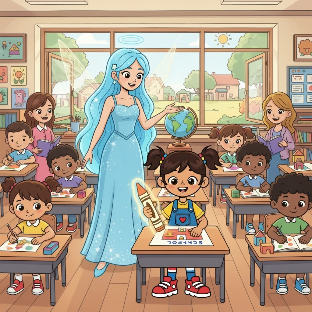 El hada y Sofía visitan una escuela llena de niños felices aprendiendo. Libertad explica el derecho a la educación, mostrando cómo aprender cosas nuevas es un regalo. Sofía dibuja una imagen de la escuela.