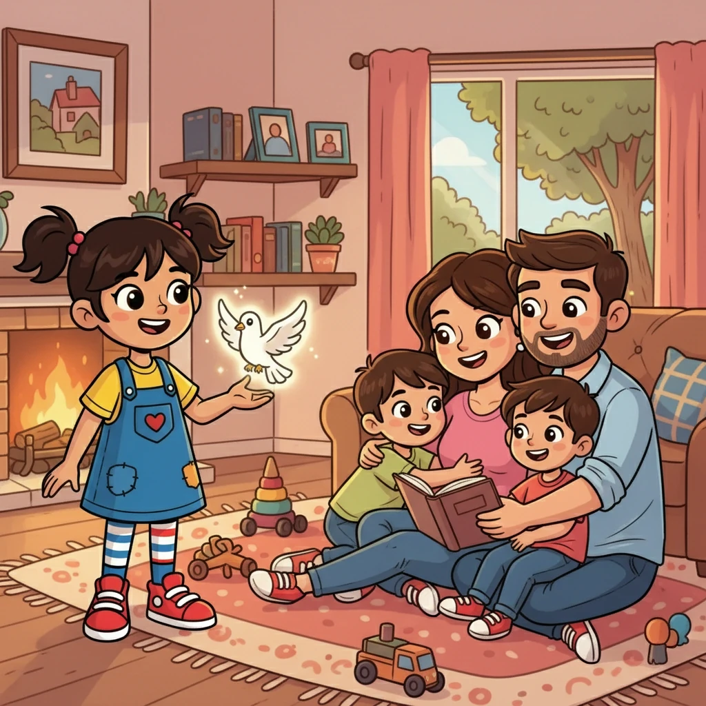 Sofía, junto a Libertad, observa una escena familiar: una familia unida, abrazándose y compartiendo. Se representa el derecho a la familia y a ser protegido y cuidado. Sofía sonríe al ver la calidez del hogar.