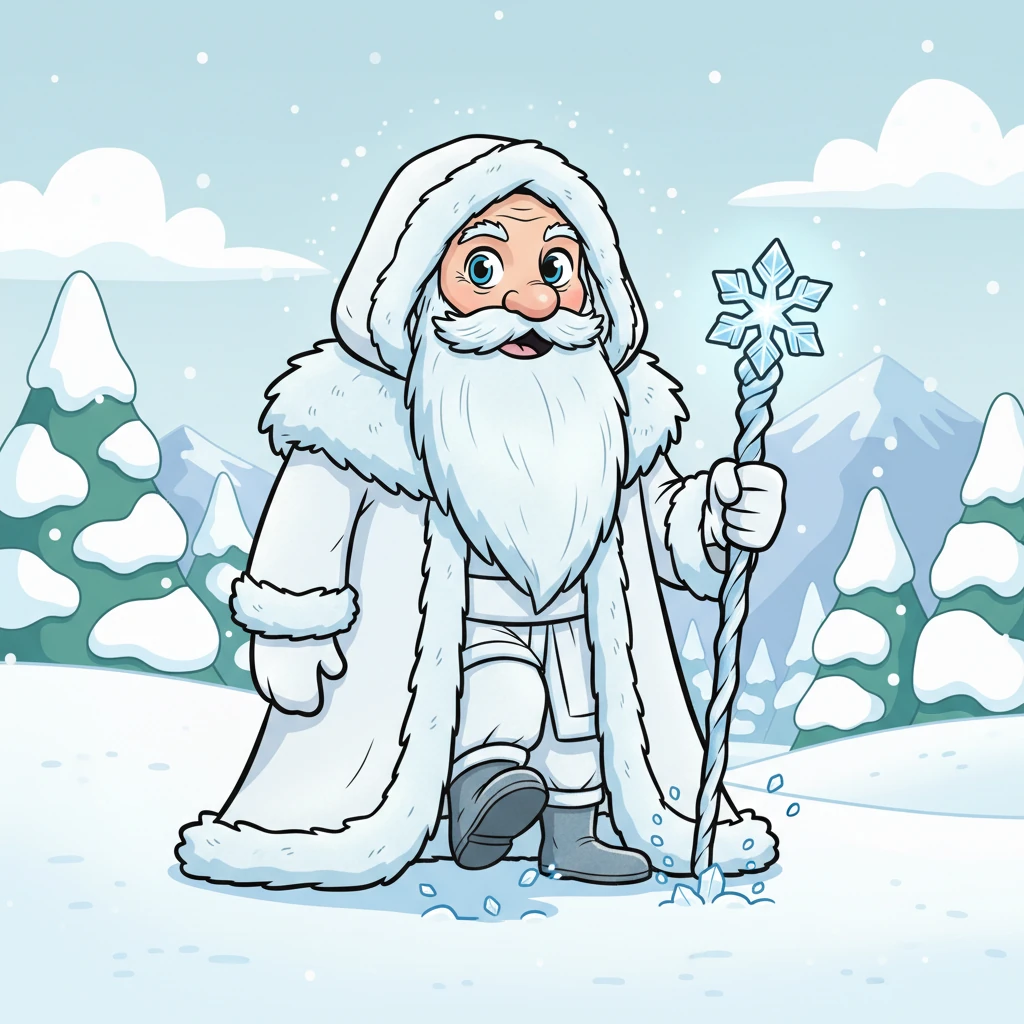 The first whisper of winter arrived with a gentle crunch underfoot. A grand, stout figure, draped in robes as white as fresh snow and with a magnificent, flowing white beard, stepped into the quiet world. Though his eyes seemed to gaze beyond what was seen and he spoke no words, his presence brought a cool, crisp magic to the air.