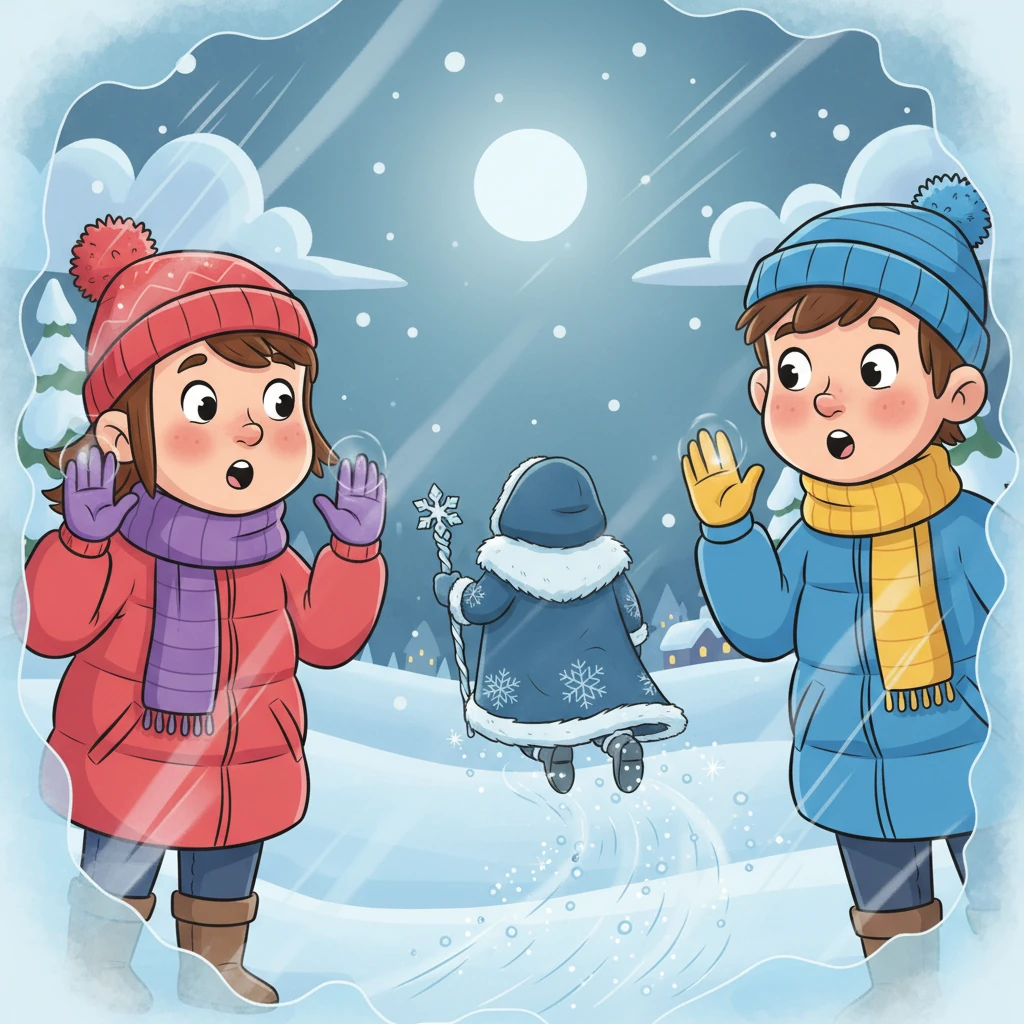 Little Lily and Tom, bundled in their warm coats, peeked from behind a frosted windowpane. They watched the mysterious, frosty visitor, who seemed to glide rather than walk, leaving sparkling trails. A shiver of wonder, not cold, ran down their spines as they wondered who this silent, majestic being could be.