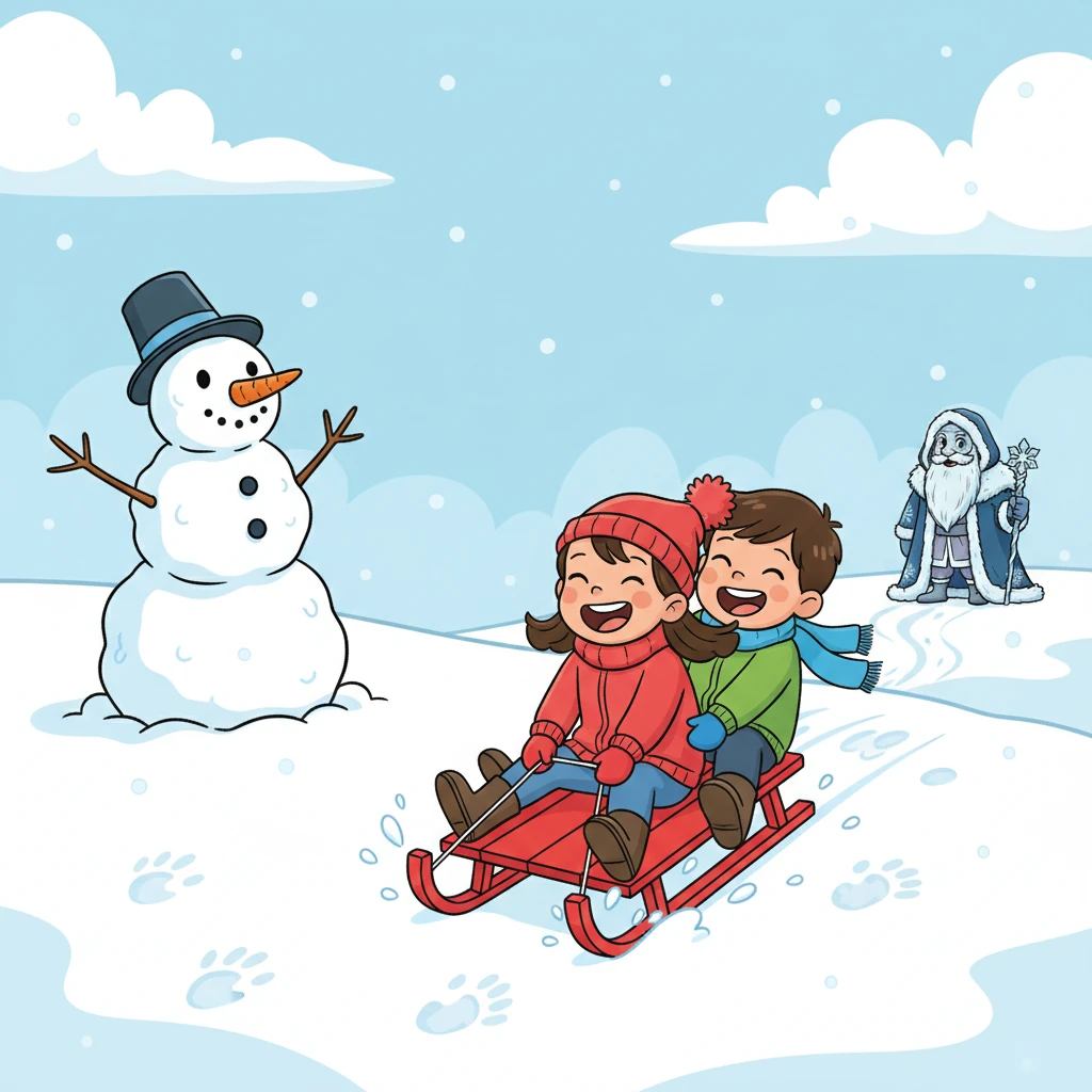 Lily and Tom, forgetting their initial awe, burst outside with whoops of delight! They built a towering snowman with a carrot nose and pebble eyes, then tumbled down a small hill on their bright red sled. Each laugh echoed, mixing with the gentle crunch of their boots in the fresh, soft snow.