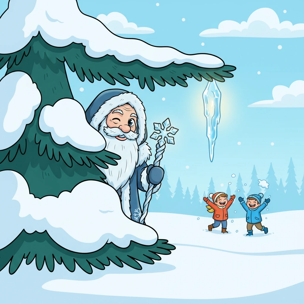 Grandpa Frost, unseen by the children, watched their joyful antics from behind a snow-laden pine tree. A warm, silent smile spread across his kindly face, causing a nearby icicle to shimmer with extra brilliance. He loved seeing the pure happiness that his frosty arrival brought.