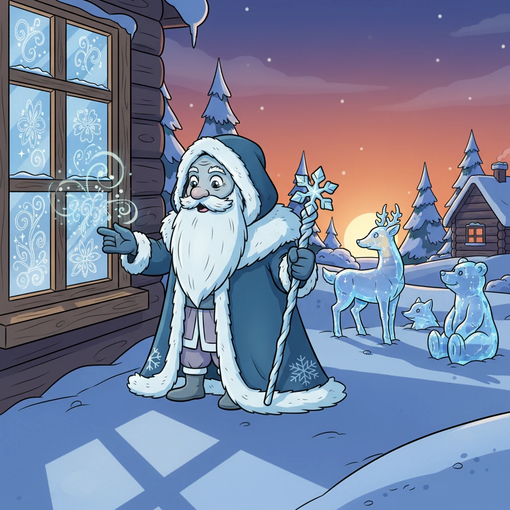 Later, as the sun began to dip, casting long, blue shadows, Grandpa Frost created wonders with his icy touch. Delicate, crystal flowers bloomed on windowpanes, and shimmering ice sculptures of playful animals appeared in the garden. Each creation sparkled with an ethereal glow.