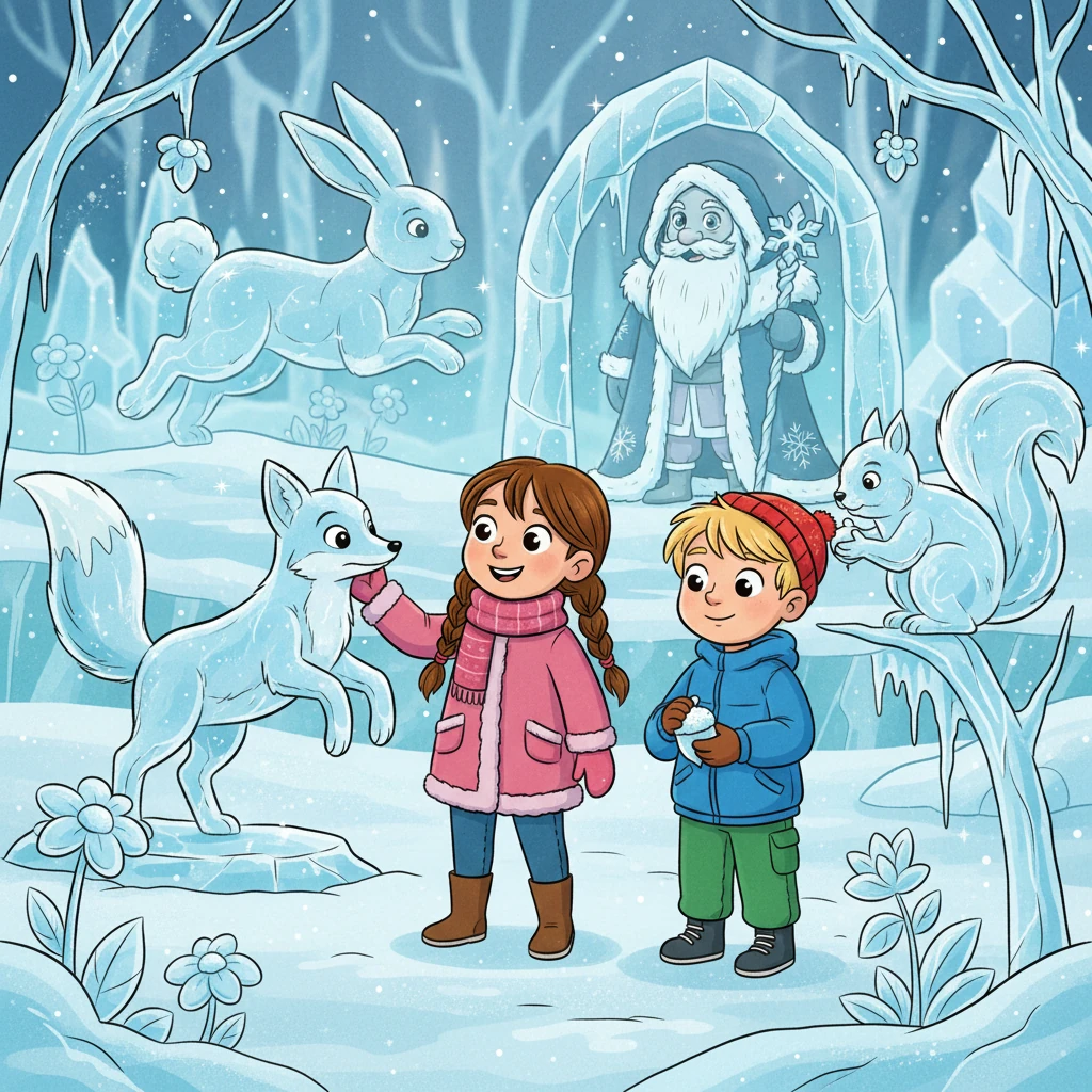 Lily and Tom discovered the magical ice garden, their eyes wide with amazement. They gently touched the smooth, cold sculptures, imagining the frosty fox chasing the shimmering rabbit. They even tried to add a tiny snow acorn to the ice squirrel's paws, a silent offering of friendship.