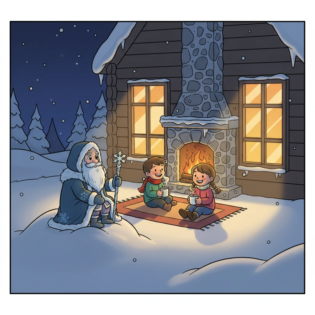 As evening fell, the children warmed themselves by a crackling fireplace, sipping hot cocoa. Outside, Grandpa Frost sat quietly on a snowdrift, a soft, inviting glow emanating from the windows. He felt the warmth of their joy, a different kind of warmth that melted no snow but brightened the world.