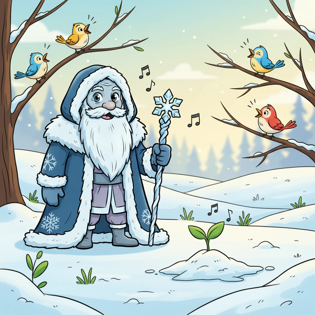 Days later, a tiny green sprout peeked through the melting snow, and birds began to sing cheerful tunes. Winter was fading, but Lily and Tom knew that the magic of Grandpa Frost would always live in their hearts, a reminder of the joyful, whimsical season he brought.