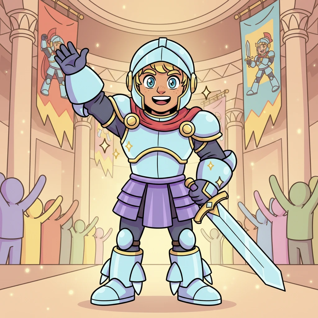 The grand hall of the Trisse Empire sparkled with a million tiny lights, celebrating General Kone Dioreth's recent triumph. Kone, a towering figure in gleaming armor, stood proudly amidst cheering crowds, his heroic smile radiating warmth. Banners depicting his recent victory against the robotic marauders hung from the ornate ceilings, fluttering gently in the festive breeze.