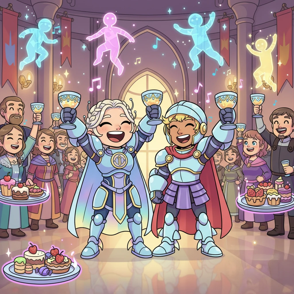 Laughter and joyous music filled every corner as citizens and nobles alike raised their goblets high. Animated holographic figures danced through the air, casting playful light on the faces of the revelers. Platters piled high with delicious, colorful treats whizzed by on tiny hover-trays, adding to the delightful chaos of the party.