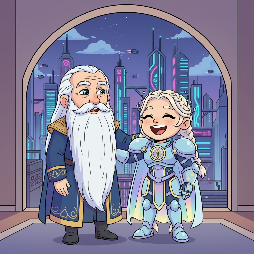 Kone shared a hearty laugh with Prime Minister Eldrin, a kind old man with a magnificent, flowing white beard, who clapped him warmly on the shoulder. Eldrin spoke of a bright future for the empire, his eyes twinkling with hope and admiration for the young general. They stood near a magnificent window, overlooking the neon-lit futuristic cityscape of Trisse.