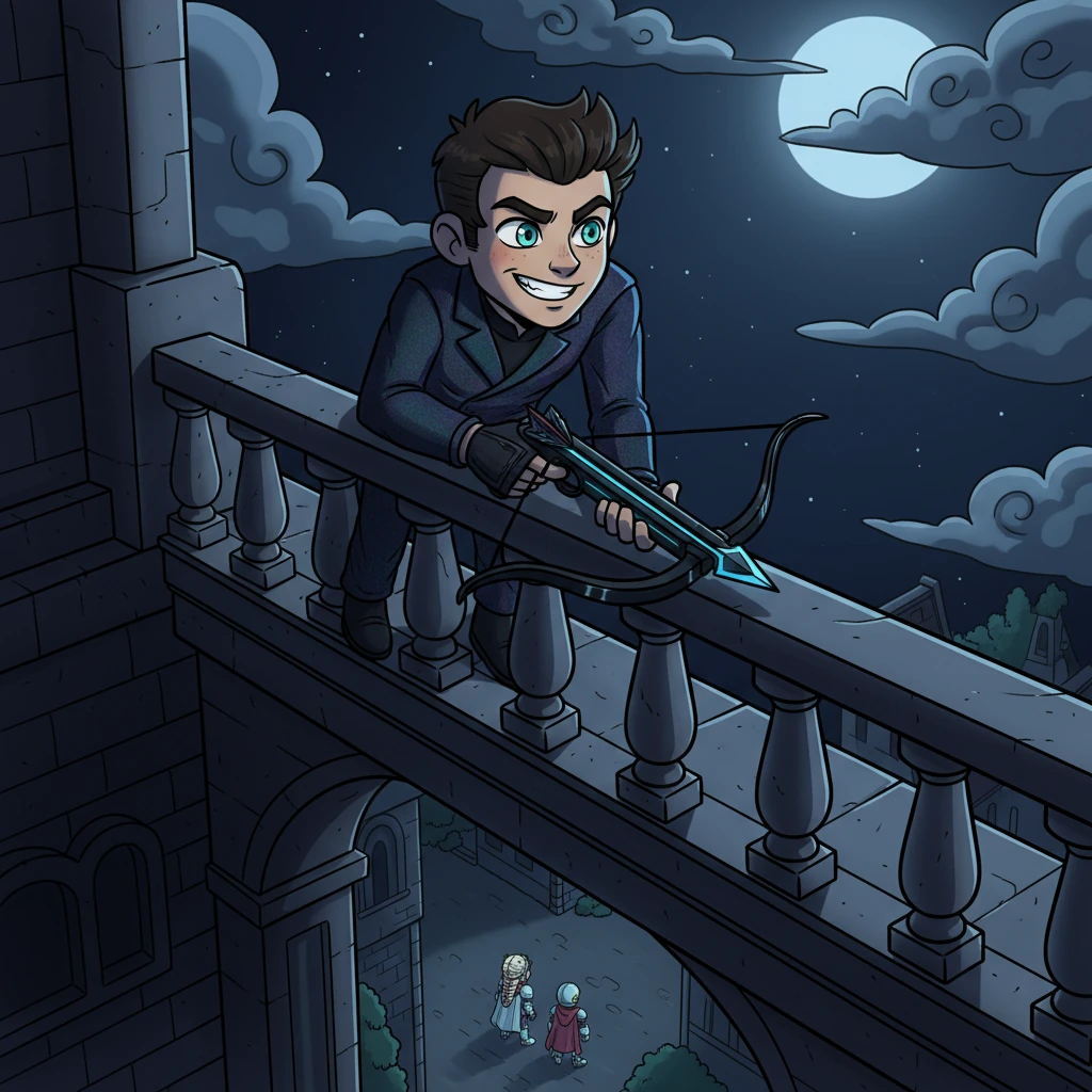 Unbeknownst to them, a shadowy figure watched from a hidden balcony high above, a chilling smile playing on his lips. This was Claude Luchress, a young man with impossibly bright, mischievous eyes and a suit woven from dark, shimmering fabric. He held a sleek, futuristic crossbow, its elegant design belying its deadly purpose.