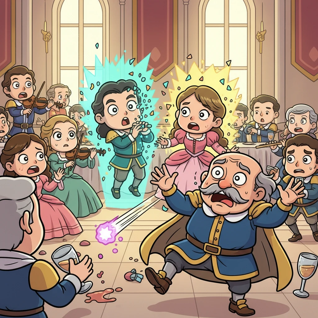 Suddenly, a sharp, unearthly sound pierced the air, and Prime Minister Eldrin staggered, his eyes wide with shock. A tiny, glowing projectile whizzed past, striking down two more nobles standing nearby in a terrifying flash of light. The music screeched to a halt, replaced by gasps of horror and the clatter of dropped goblets.