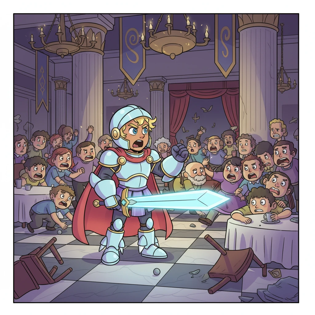 Chaos erupted as screams echoed through the once-joyous hall, people scrambling for cover. Kone, his heroic smile replaced by a grim scowl, instinctively drew his glowing energy sword, his eyes scanning the panicked crowd. He roared commands, trying to restore order and protect the remaining guests.