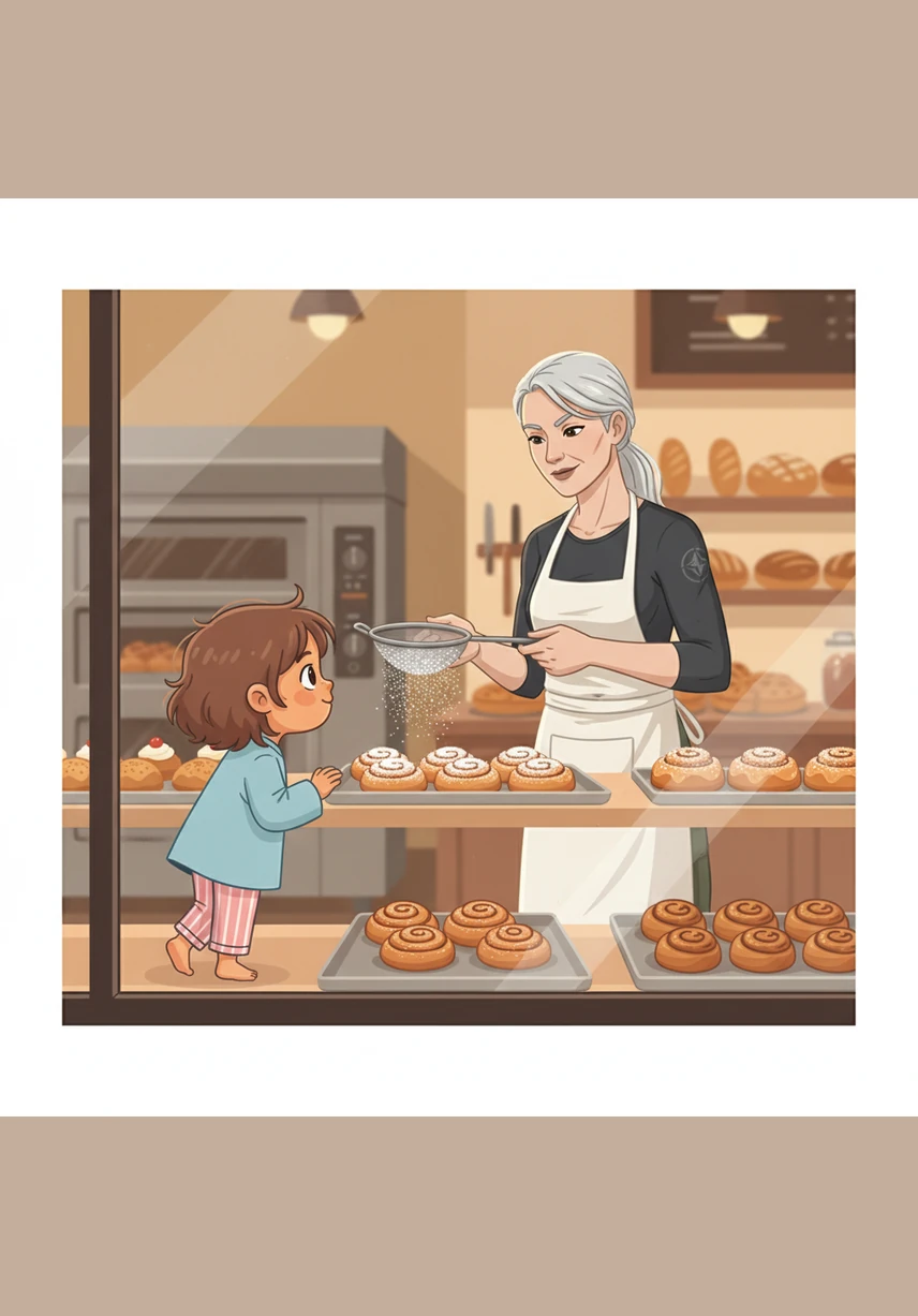 A small girl with messy morning hair stops at the window, her eyes wide with wonder at the rows of pastries. Elena catches her eye and offers a conspiratorial wink, dusting a little extra powdered sugar on a tray of fresh buns.