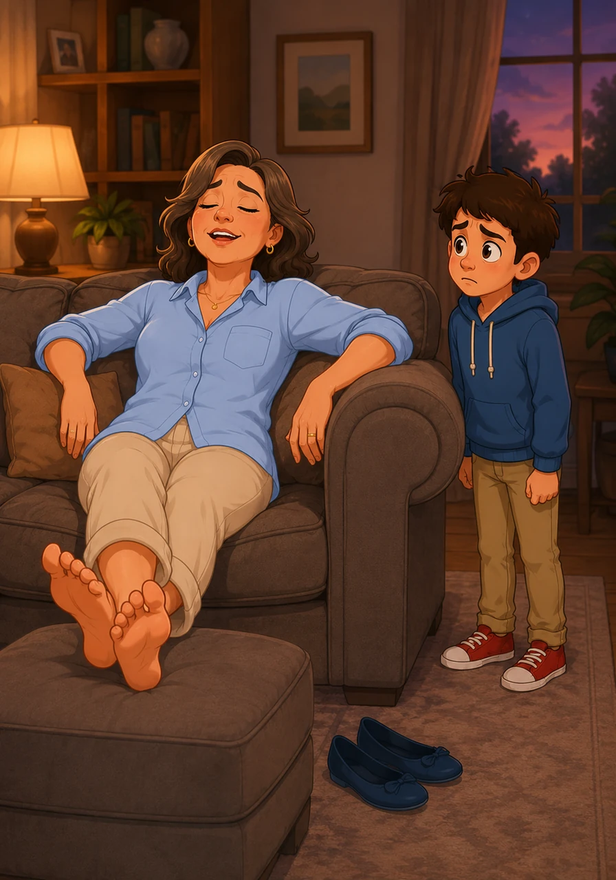 As twilight filled the living room, his mother sunk into the plush cushions of the sofa and let out a long, satisfied sigh. Christian stood by the armrest, the fabric towering over him like a velvet mountain, waiting for the quiet cue he had come to anticipate with a sinking heart. Without looking at him, she gently kicked off her designer flats, extending her nylon-clad feet onto the ottoman.