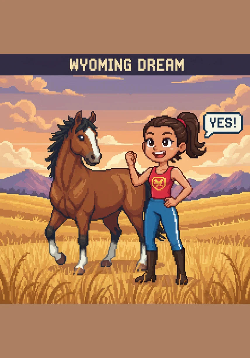 Salma performs a graceful handstand on her horse Norman while Quinn swings a lasso nearby on the wide Wyoming plains. The sisters spend every afternoon under the vast blue sky, perfecting their unique equestrian skills and enjoying the fresh mountain air.