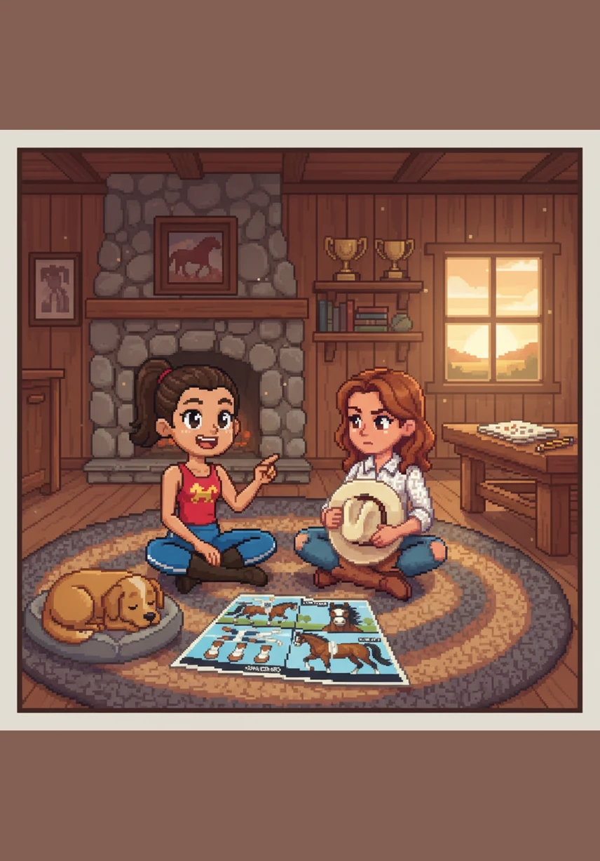 Inside their cozy ranch home, Salma and Quinn sit on the rug for a focused game of chess after a long day of riding. Though they are both competitive athletes, they always find time to be best friends and share quiet moments together.