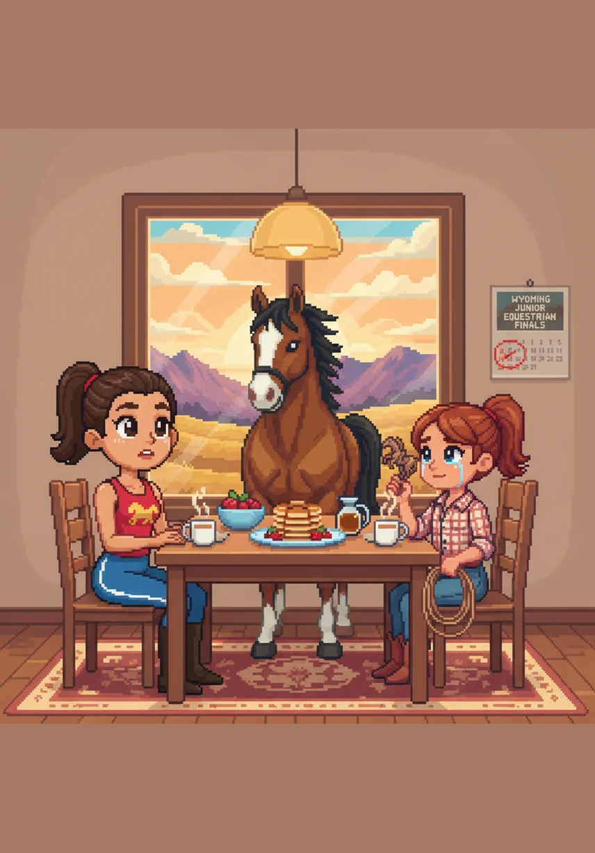 At dinner, Mom slides a shimmering golden envelope toward Quinn, who drops her fork in complete surprise. She opens it to find a prestigious invitation to the Junior National Finals Rodeo, and she immediately jumps up to hug her parents in pure excitement.