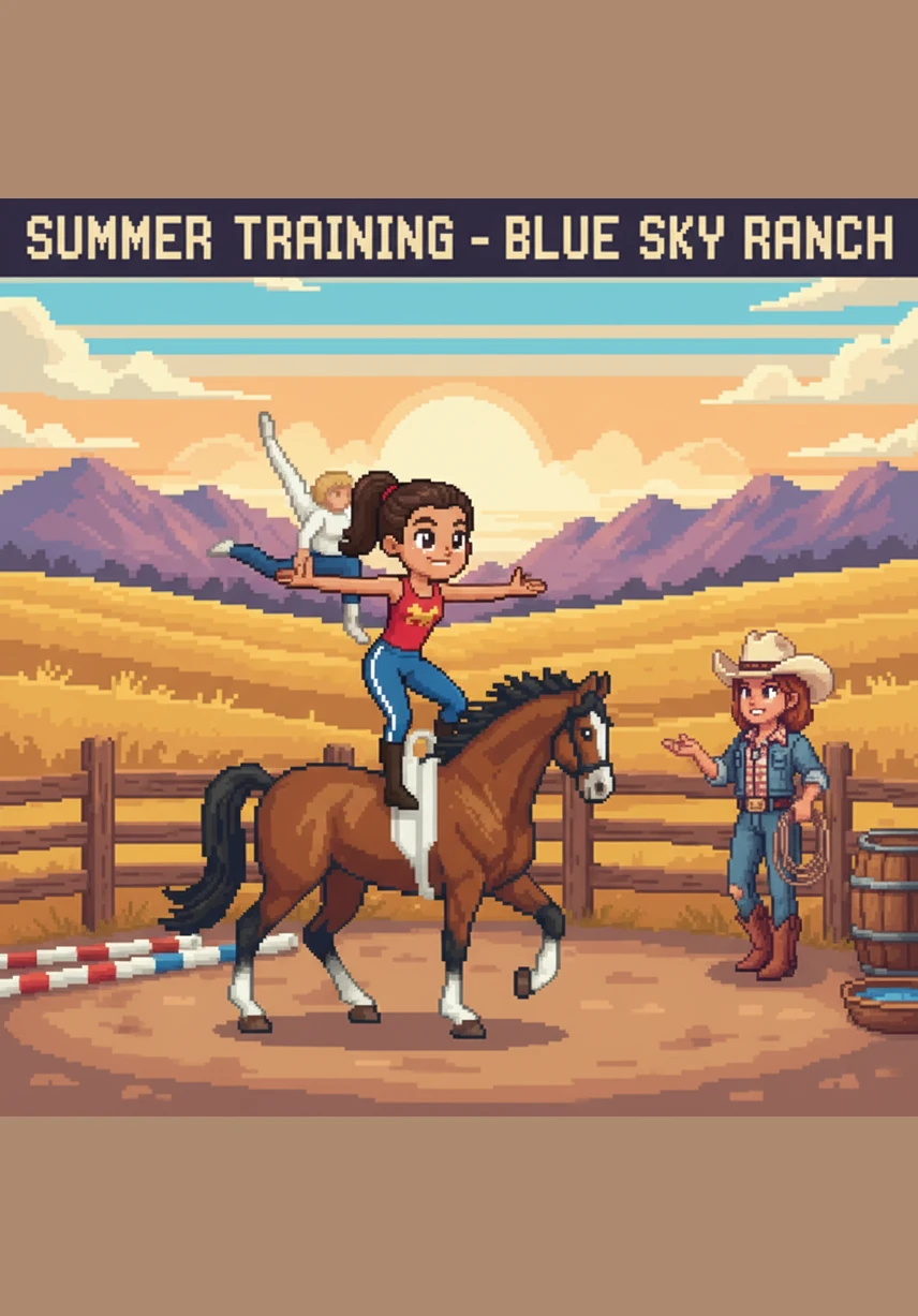 For two weeks, the ranch is a blur of motion as the sisters train harder than ever before under the summer sun. Salma practices her round-off back handsprings on Norman's sturdy back, while Quinn works on her roping speed with her reliable horse, Buck.