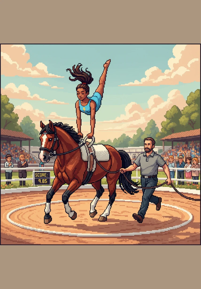 Salma executes a perfect vaulting routine on a fully recovered Norman, flying through the air as the crowd erupts in thunderous applause. Quinn watches from the sidelines with Ellie by her side, knowing that their courage and support for each other is the greatest victory of all.