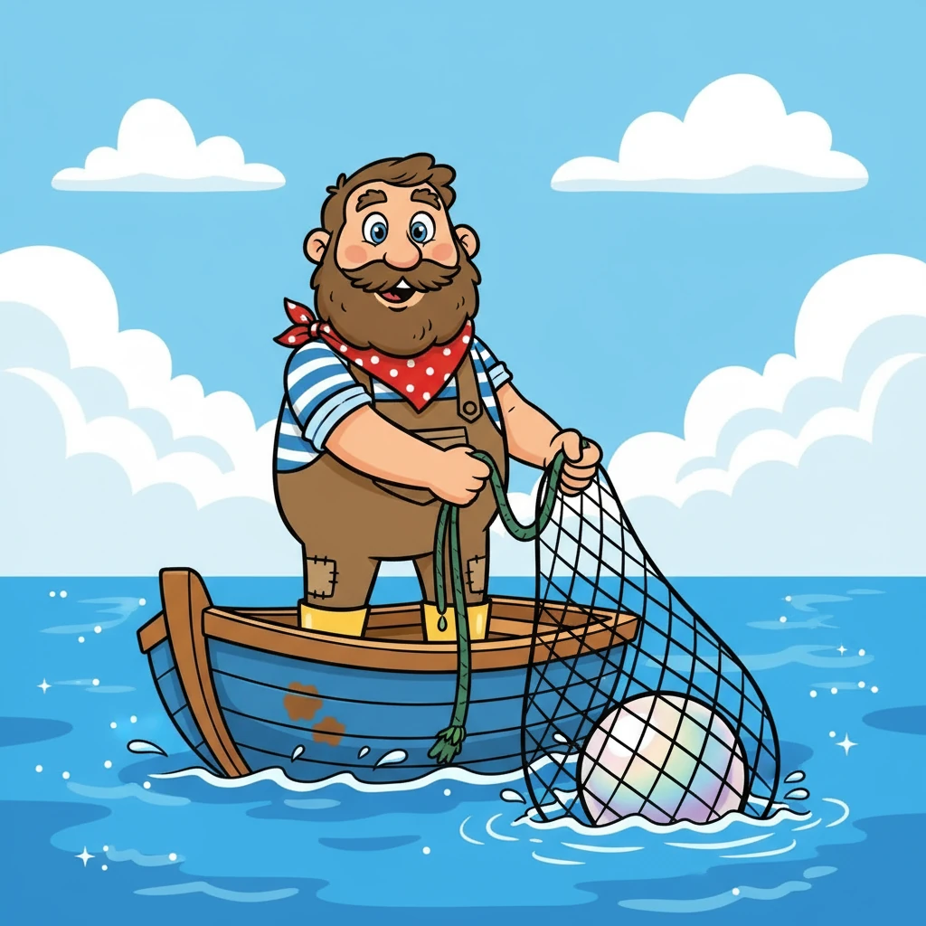 Antonio, a fisherman with a kind heart, sailed his small boat on the shimmering blue sea. He hoped to catch enough fish to feed his family. One day, his net snagged on something unusual, pulling up a shimmering, opalescent pearl.