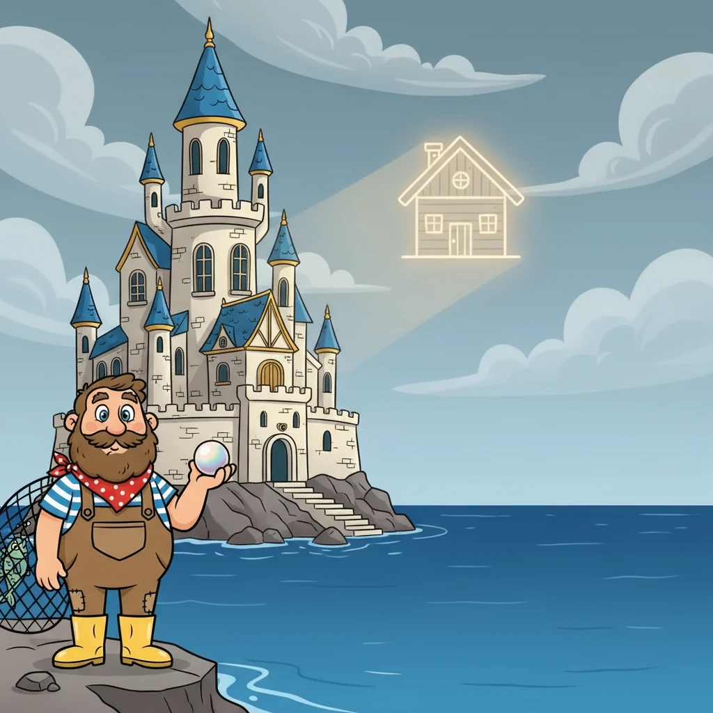 Next, Antonio wished for a grand palace on the shore. The humble fisherman's home was replaced with a magnificent castle. He reveled in its luxury but missed the simplicity of his old life and the cozy warmth of his home.