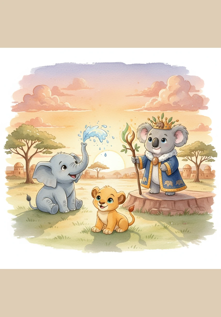 As the golden sun begins to dip below the horizon, Kojo the lion cub stands atop a large, smooth rock. The sky is painted in brilliant shades of orange, pink, and deep purple. Kojo stretches his little paws and decides to say goodnight to all his friends in the great African kingdom.