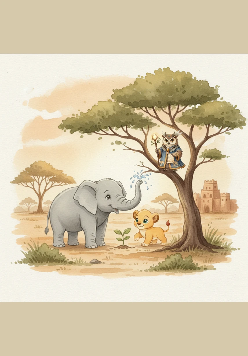 Kojo wanders over to the tall acacia trees where the giraffes are finishing their evening snack. Their long necks reach high into the canopy as they nibble on the very last green leaves of the day. They nod their heads gently to Kojo, promising to see him when the sun rises again.