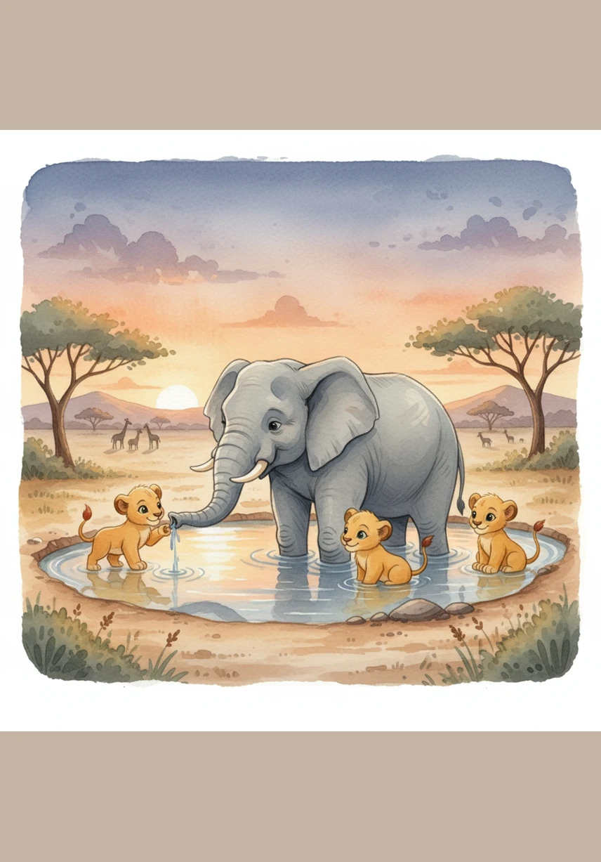 Near the shimmering watering hole, a family of elephants gathers for one last drink. The big mama elephant sprays a gentle mist of cool water over her calf, making a tiny rainbow in the twilight. Kojo watches them move slowly and gracefully, their heavy footsteps sounding like a soft drumbeat on the earth.