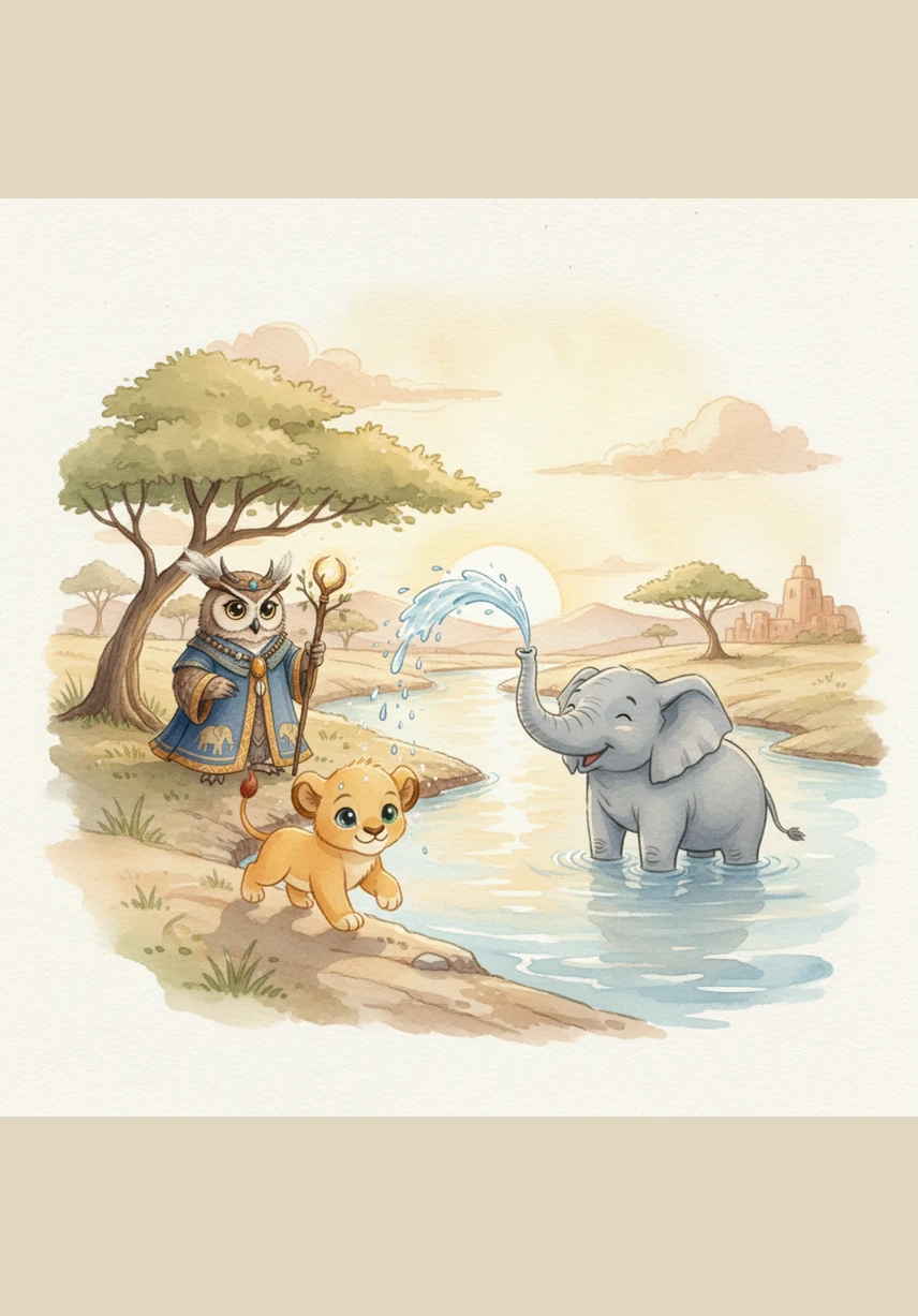 Kojo trots down to the riverbank where the hippos are sinking deep into the cool, dark water. Only their small ears and round eyes peek out above the surface, reflecting the first few stars in the sky. The water ripples softly as they settle in for a long, peaceful soak throughout the night.