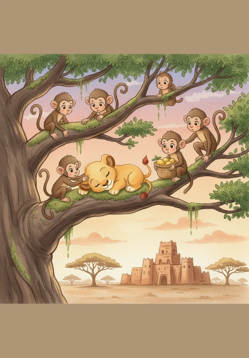 High up in the ancient baobab tree, the monkeys are stopping their playful swinging. They cuddle together on the thick branches, sharing soft chatters about the day's adventures. Kojo waves a paw at them, and they wave back before tucking their heads under their furry arms.