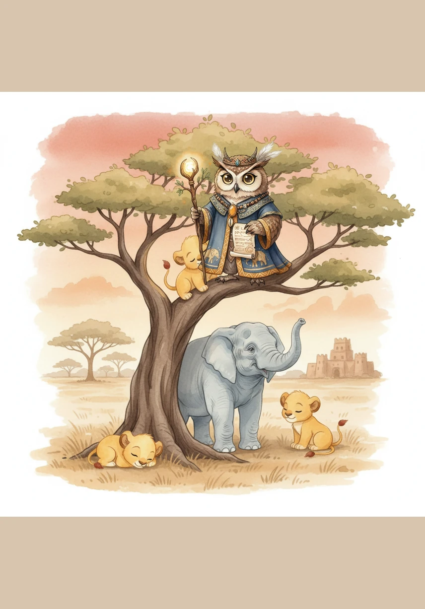 A wise old owl opens its large, golden eyes as the sun finally disappears. It perches on a gnarled branch and lets out a low, soothing hoot that echoes across the quiet plains. Kojo listens to the sound, feeling the coolness of the night air as the savanna begins to sleep.