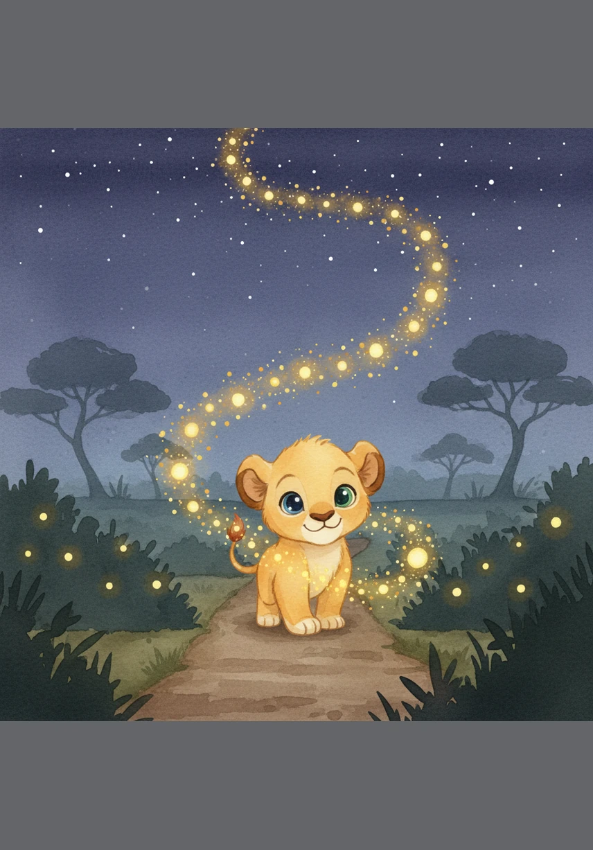 Tiny fireflies begin to emerge from the bushes, flickering like floating diamonds in the dark. They dance around Kojo, lighting up his path as he starts his journey back to his family's den. The cub follows the glowing trail, feeling brave and happy in the starlit world.