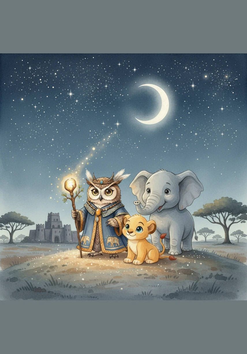 The entire African kingdom is now quiet and still under the vast, sparkling sky. Kojo closes his eyes, listening to the gentle rustle of the wind through the grass. He falls into a deep sleep, dreaming of the wonderful adventures that await him when the golden sun returns.