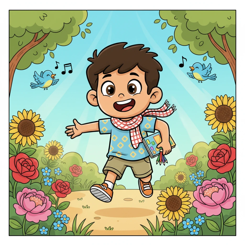 ينطلق أحمد، الفتى المفعم بالحيوية، إلى حديقته المفضلة في صباح مشمس، يحمل دفتر رسمه الملون وأقلامه. يتطلع بشغف لرسم الزهور الزاهية التي تملأ المكان. الحديقة تتلألأ بضوء الشمس الذهبي، والعصافير تغني ألحانًا بهيجة في كل مكان.