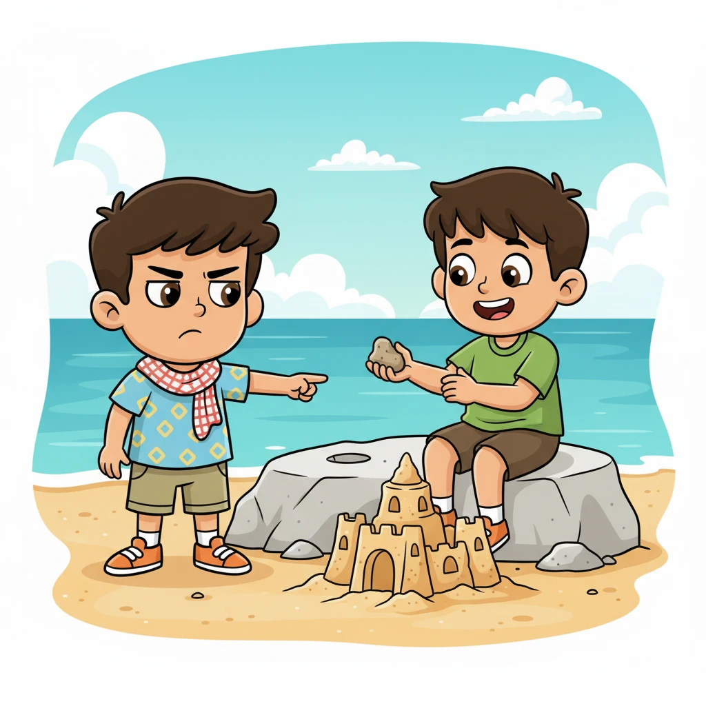 يحاول أحمد أن يلمح بأدب أن هذا هو مكانه «الخاص»، مشيرًا إلى انبعاج صغير على المقعد. سامي، المنغمس في قلعته الرملية، لا يبدو أنه يفهم أو يبتسم ببساطة، مقدمًا لأحمد حصاة رملية صغيرة غير متساوية. يعبس أحمد، شاعرًا أن مكانه المميز قد تم غزوه.