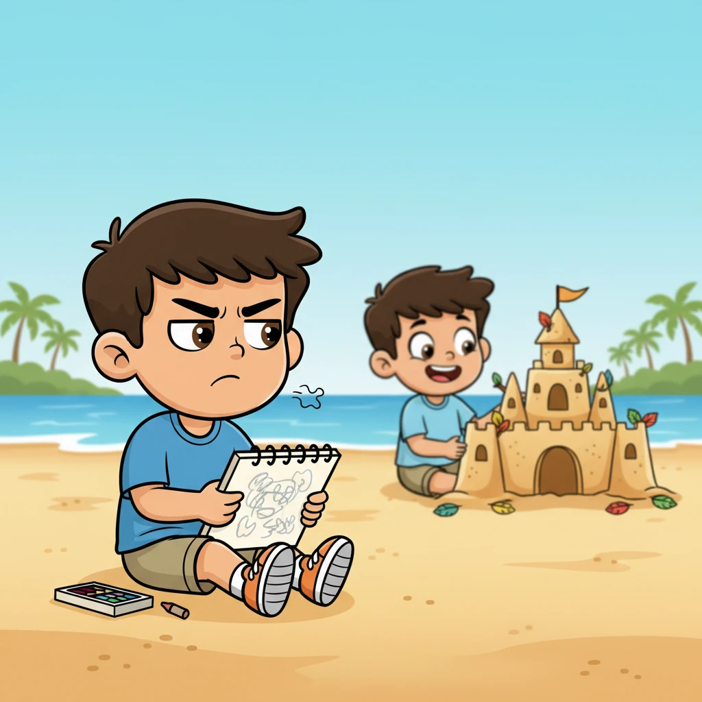 يشعر أحمد بسوء الفهم، فيبتعد بمسافة قصيرة ويحاول الرسم، لكن خطوطه مهتزة وألوانه تبدو باهتة. يستمر في إلقاء نظرة على سامي، الذي يزين قلعته الرملية الآن بأوراق الشجر والأغصان المتساقطة، ويبدو سعيدًا تمامًا. يتنهد أحمد متمنيًا لو أن سامي يبتعد.