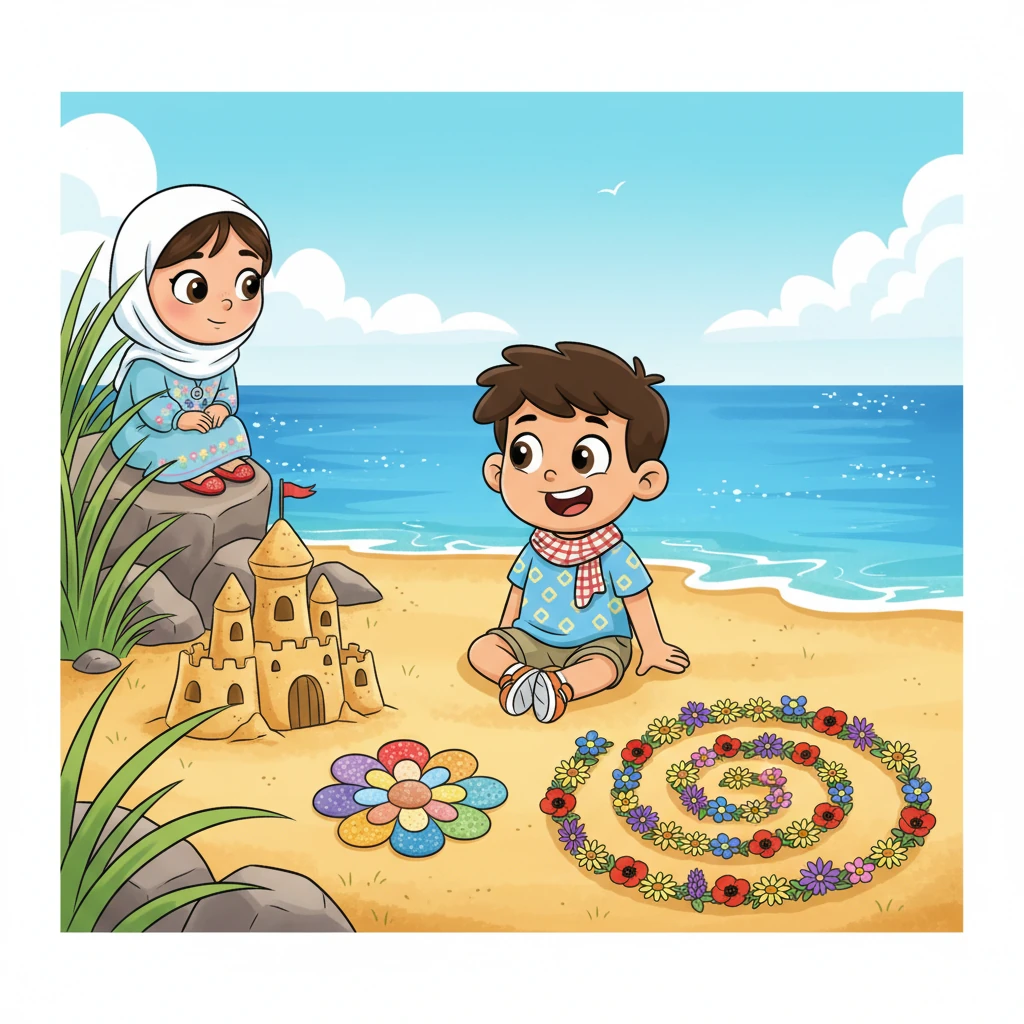 على مدى الأيام القليلة التالية، يراقب أحمد سامي من بعيد. لا يكتفي سامي ببناء القلاع الرملية فقط؛ بل يصنع أيضًا فسيفساء حجرية متقنة ويرتب الزهور في أنماط جميلة، دائمًا بابتسامة مشرقة. يلاحظ أحمد كيف يجد سامي الجمال في أشياء يتجاهلها أحمد عادة.