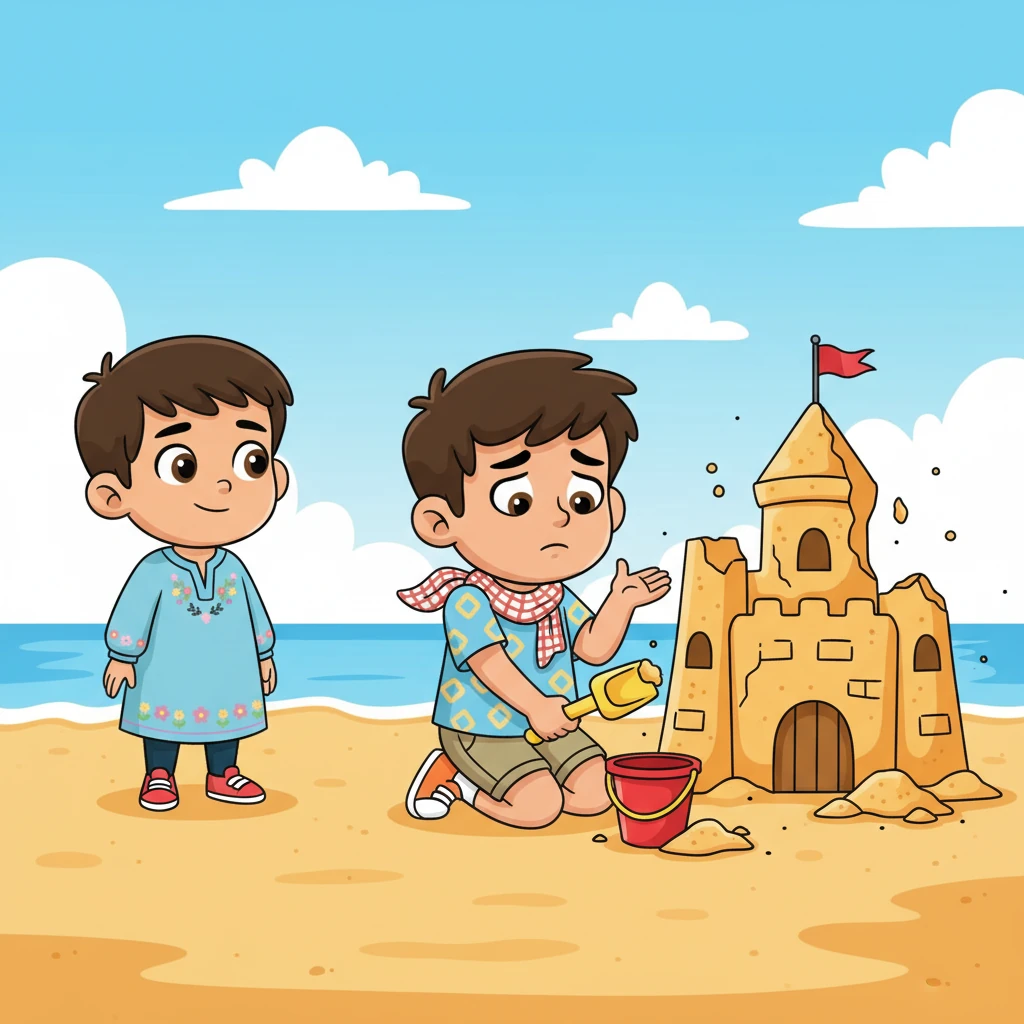 بعد ظهر أحد الأيام، تهدمت قلعة سامي الرملية الكبرى جزئيًا بسبب هبة رياح قوية. يبدو سامي حزينًا بعض الشيء، لكنه يرفع كتفيه ويبدأ في إعادة البناء، ويجد الفرح في هذه العملية. يشعر أحمد، وهو يراقب، بوخزة من التعاطف.