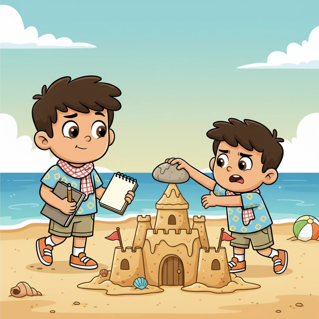 أحمد، ودفتر رسمه في يده، يمشي ببطء نحو سامي. يرى سامي يكافح لتوازن حجر كبير أملس على قلعته الرملية الجديدة. يتذكر أحمد إحباطاته الخاصة في الرسم، فيقدم يد المساعدة، ويثبت الحجر بلطف.