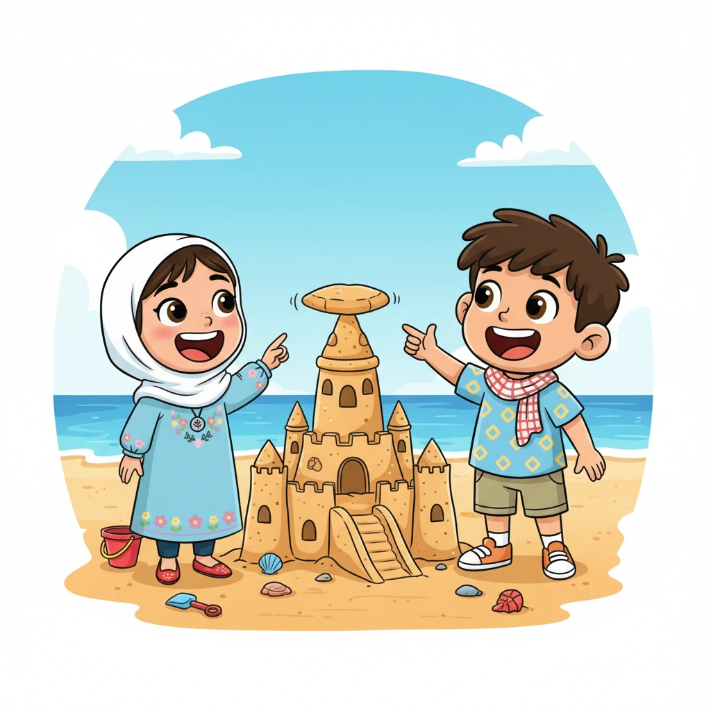 يرفع سامي رأسه، متفاجئًا، ثم يبتسم ابتسامة عريضة. يشكر أحمد، ويضحكان معًا عندما يستقر الحجر أخيرًا بشكل مثالي. يشرح سامي رؤيته لقلعة الرمل، ويستمع أحمد باهتمام صادق.