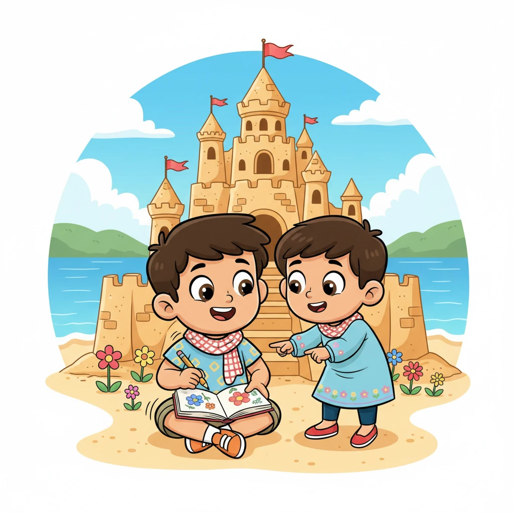 يسحب أحمد دفتر رسمه ويرسم بسرعة قلعة سامي الرملية الرائعة المقاومة للرياح. يراقب سامي بفضول، ثم يشير إلى زهرة ملونة رسمها أحمد، مقترحًا إضافة زهور حقيقية إلى قلعة الرمل. يقضيان بقية فترة بعد الظهر في الإبداع معًا، وقد نُسيت خلافاتهما السابقة.