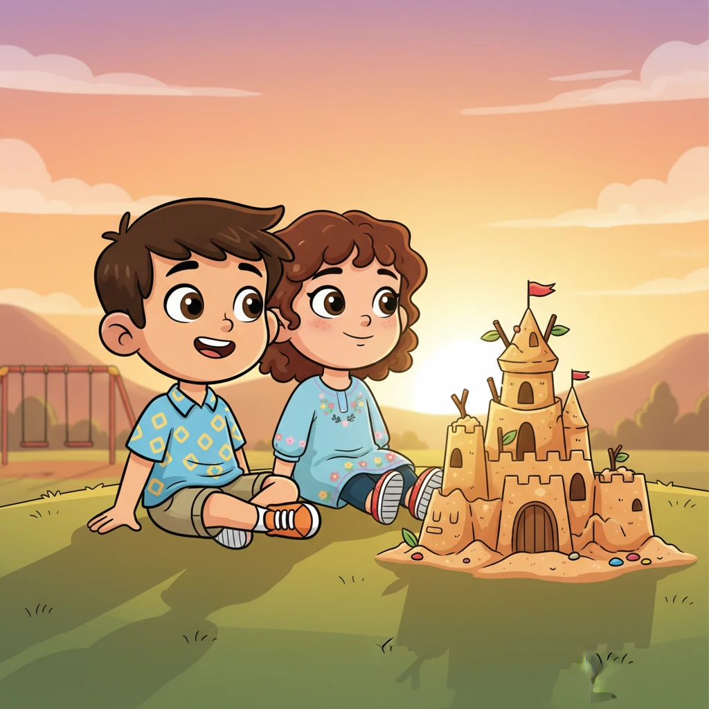 مع غروب الشمس، يجلس أحمد وسامي جنبًا إلى جنب، معجبين بفخر بتحفتهما التعاونية. يدرك أحمد أن مشاركة مكانه وفهم طريقة سامي الفريدة في اللعب جعلت تجربته في الحديقة أكثر ثراءً ومتعة. يشعر قلبه بالدفء والصداقة الجديدة.